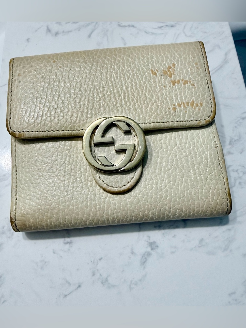 Gucci Cream Pebbled Leather Wallet with Gold Double G